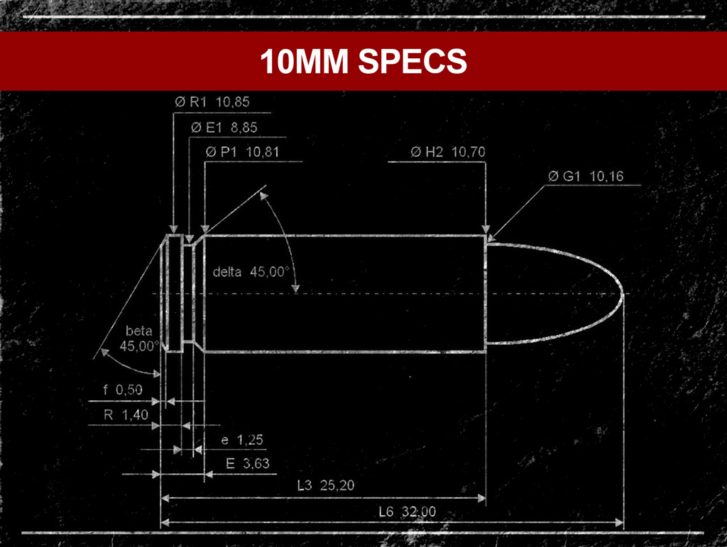 a drawing of 10mm cartridge specs