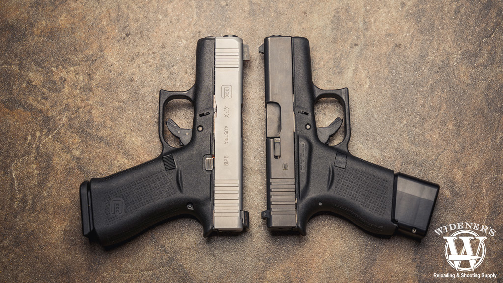 A photo of the glock 43 and 43x side by side on a ceramic tile