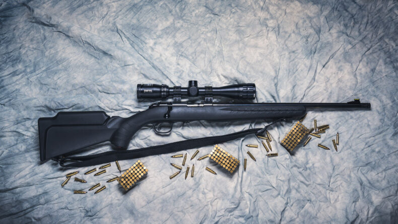 photo of a ruger rimfire rifle with ammo