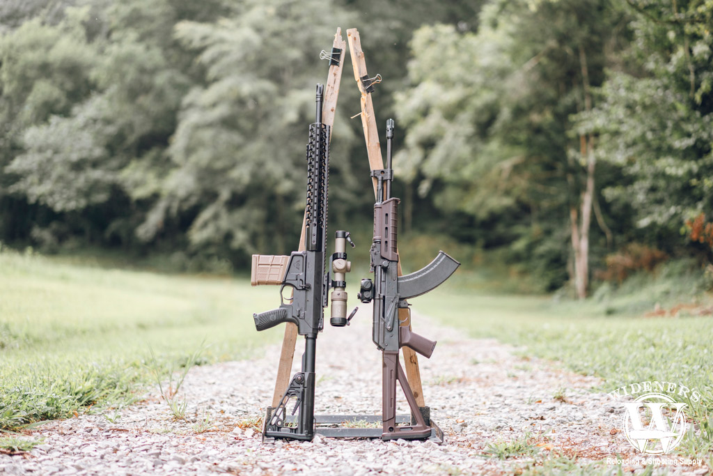 a photo comparing the ak-47 and ar-10 semi automatic rifles