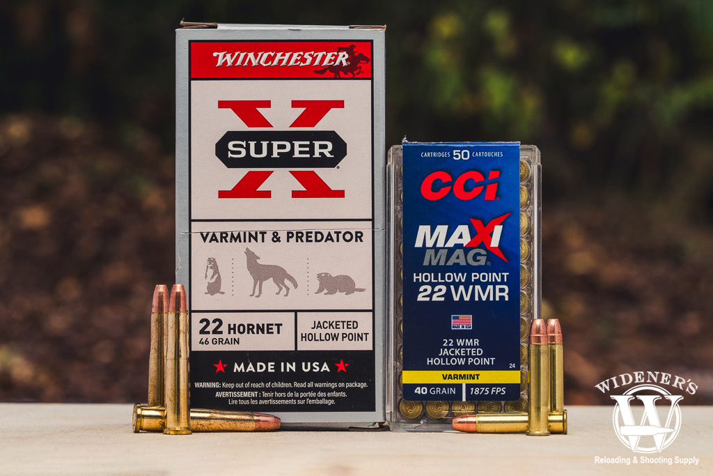 a photo comparing winchester 22 hornet to cci 22 wmr