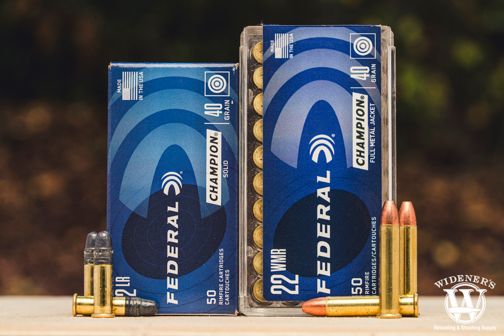 a photo comparing Federal Champion LRN .22LR VS. Federal Champion FMJ .22 WMR 