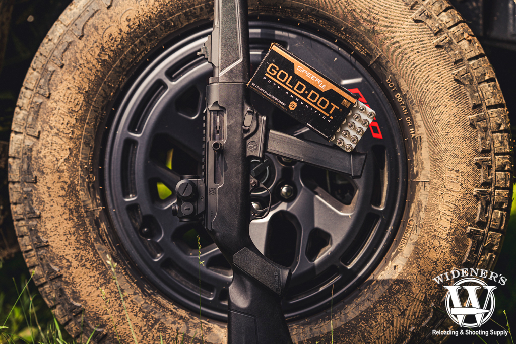 a photo of the Ruger PC Carbine with speer gold dot ammo