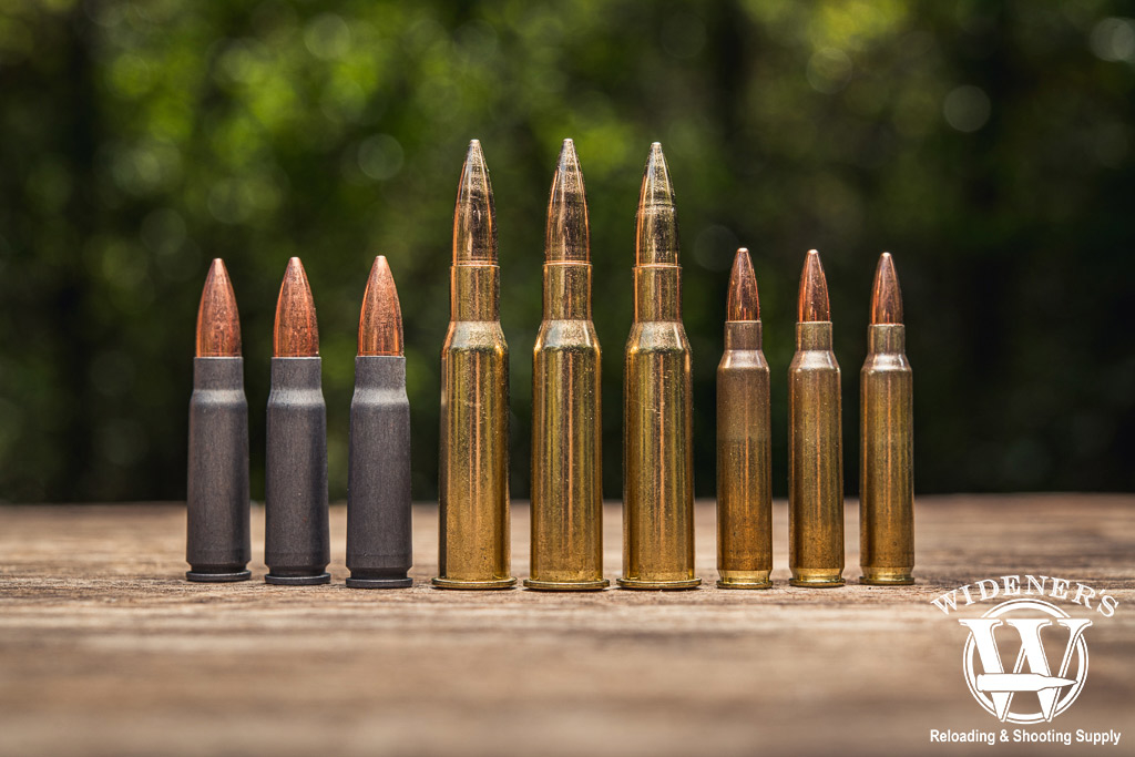 a photo comparing the 7.62x39, 7.62x54R, and 5.56x45 cartridges