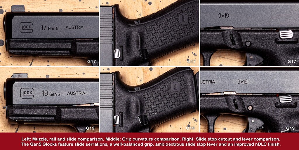 a series of photos comparing the glock 17 and glock 19 pistol ergonomics