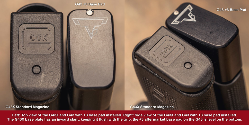 a comparison of the taran tactical base pad and magazine of the glock 43 vs 43x pistols