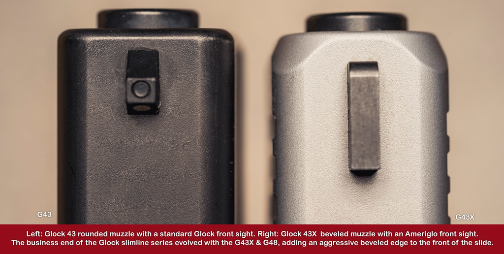a comparison of the muzzle and barrel of the glock 43 vs 43x pistols