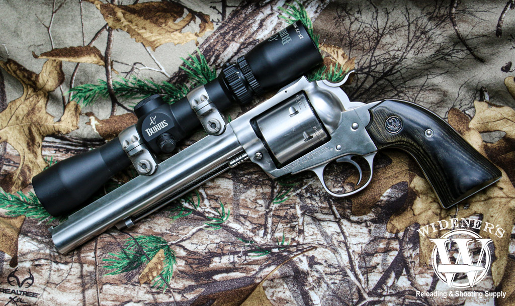 a photo of a ruger blackhawk revolver with hunting scope