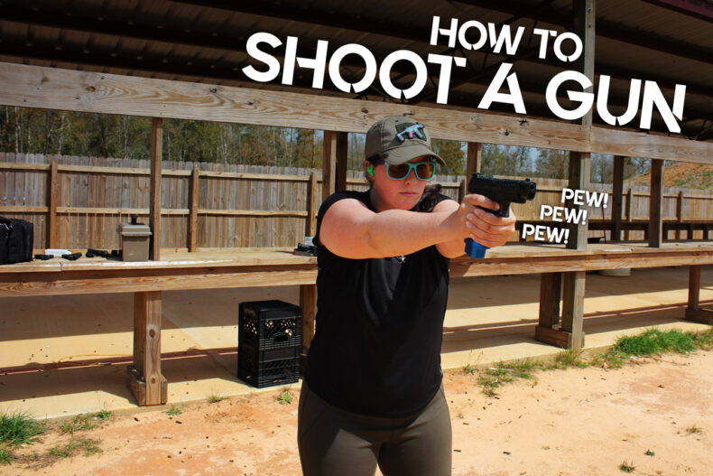 photo of kenzie fitzpatrick demonstrating how to shoot a handgun