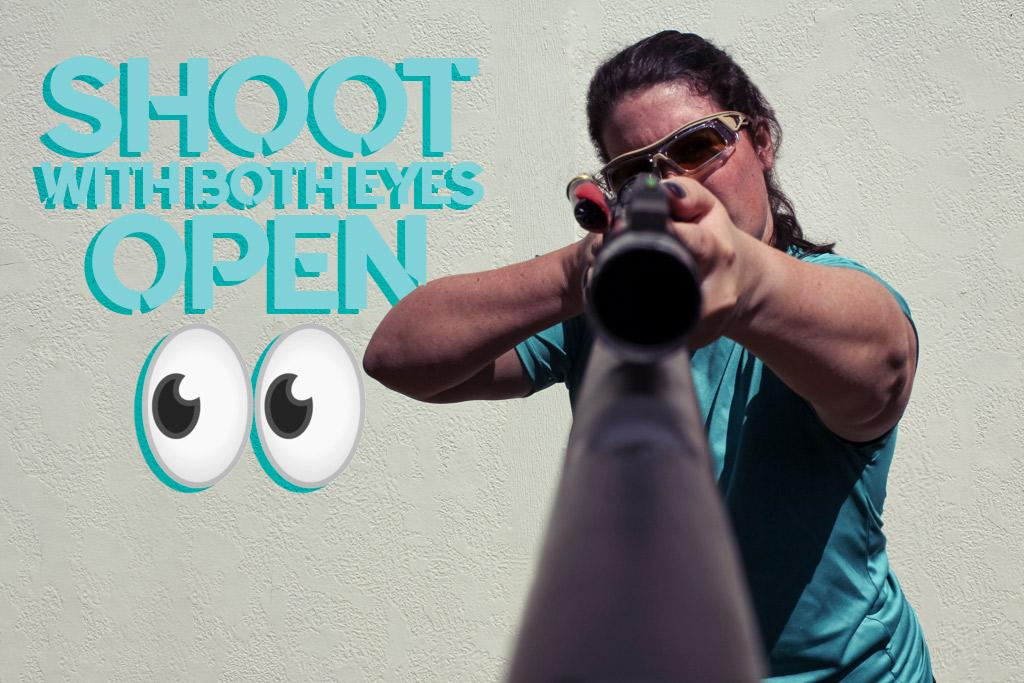 photo of a female shooting a rifle with both eyes open
