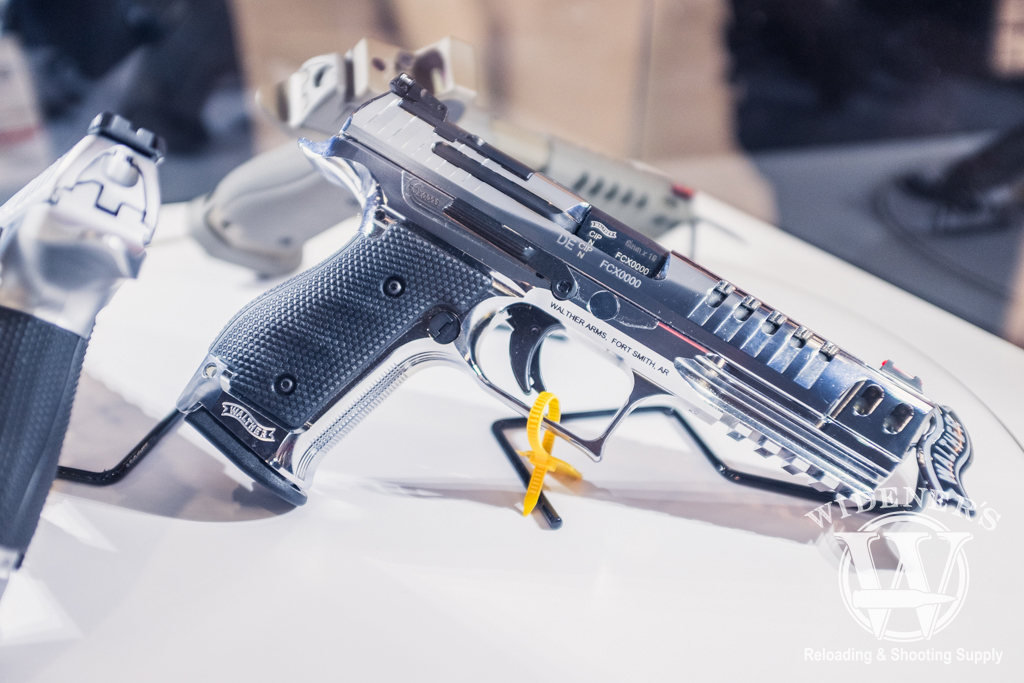 photo of a chrome steel frame Walther Q5 Match pistol at shot show 2019