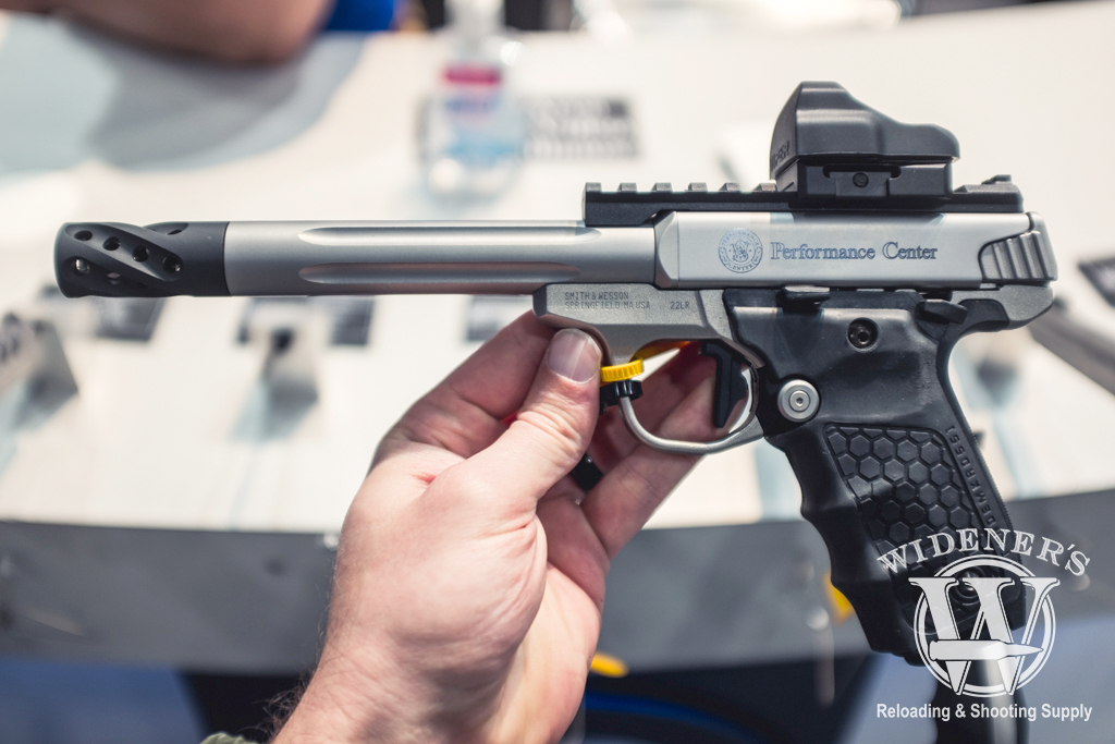 photo of Smith & Wesson SW22 Performance Center rimfire pistol with fluted stainless-steel barrel option.