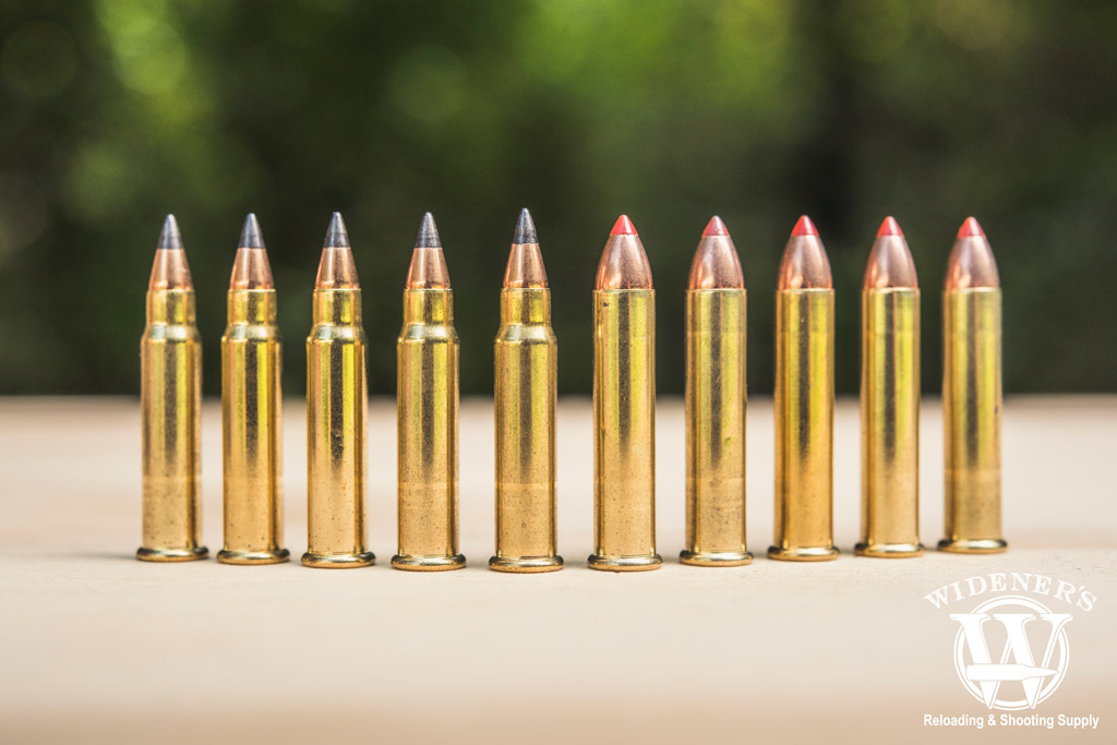 a photo comparing 17 HMR ammo and 22 Magnum ammo