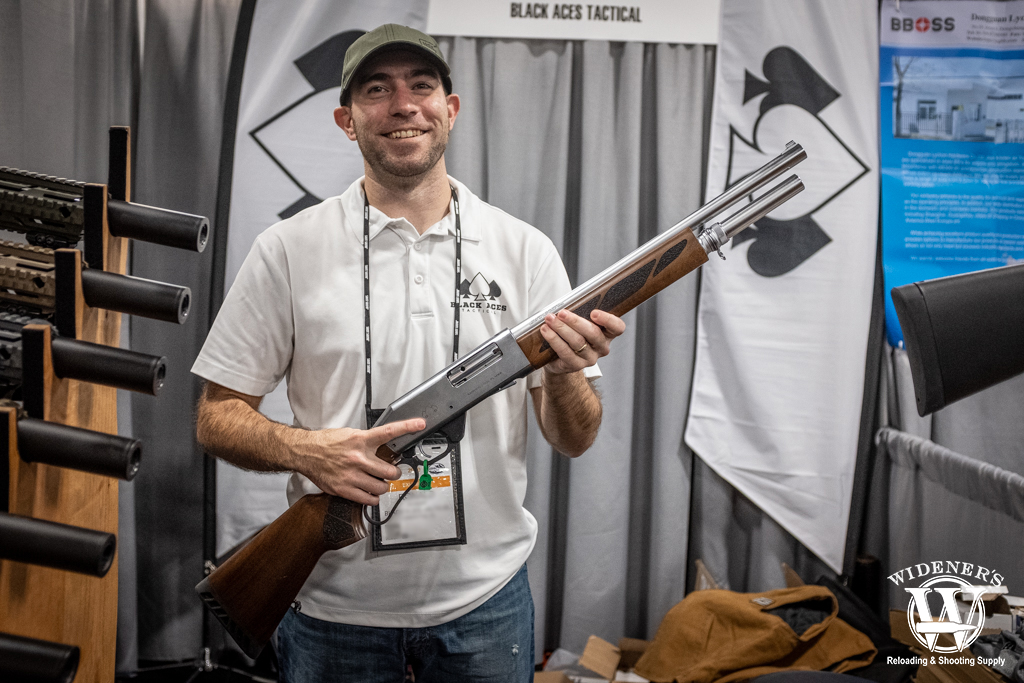 a photo of the black aces tactical Pro Series L lever 12 gauge shotgun at shot show 2020