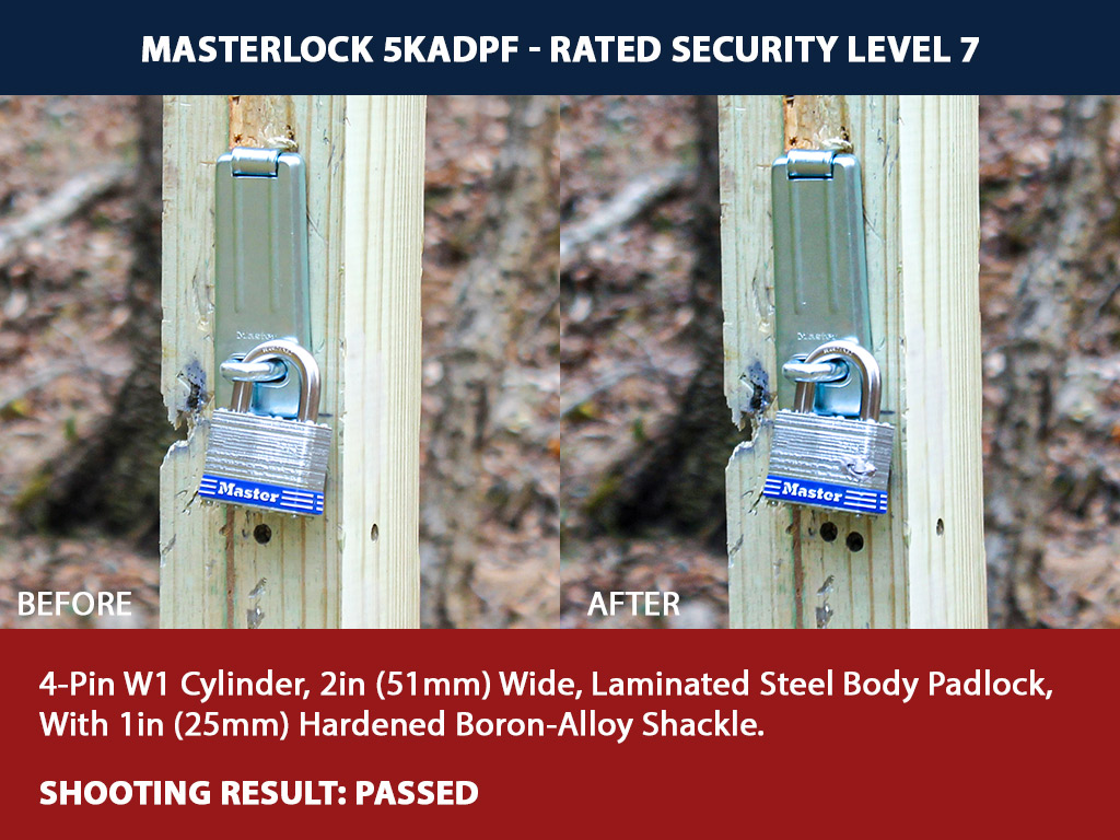 a photo of Masterlock 5KADPF padlock shooting a lock