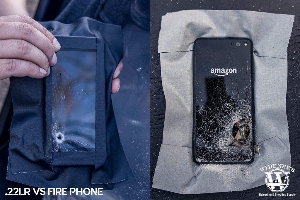 a photo of an amazon android fire phone shot by a 22lr rimfire bullet