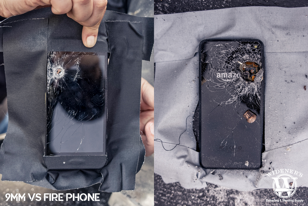 a photo of an android cell phone shot by a 9mm bullet