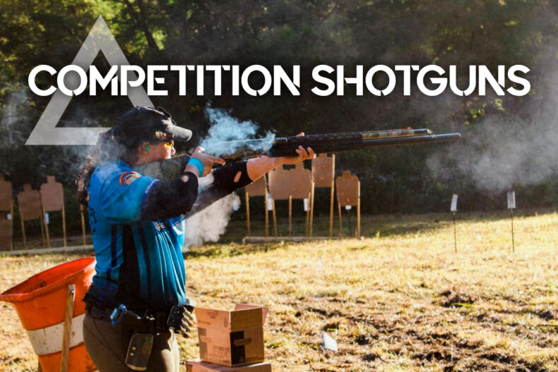 a photo of a woman shooting a competition shotgun