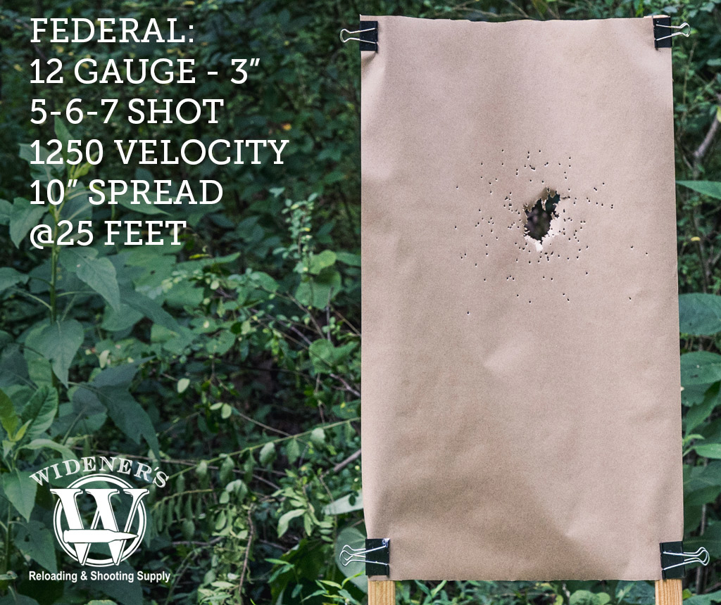 photo of 12 gauge shotgun target shot by Federal 12 Gauge 3-Inch Shell, 5-6-7-Shot, 1250 Velocity, Shot At 25 Feet. 