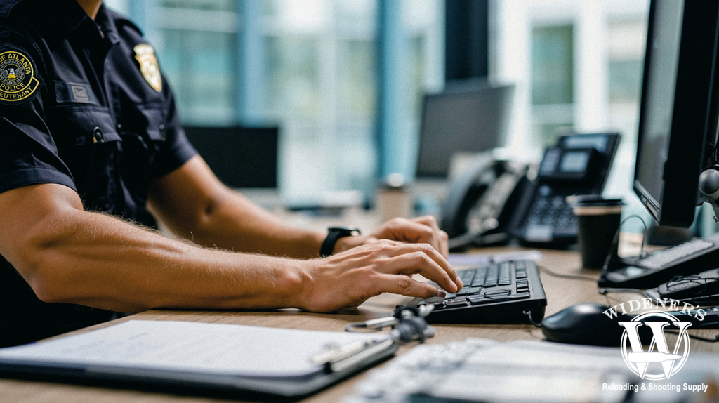 police officer typing at a computer a photo of a police officer typing at a computer