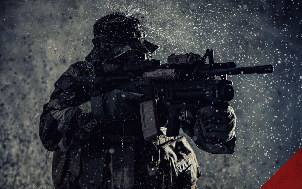 a photo of a socom operator in the rain 