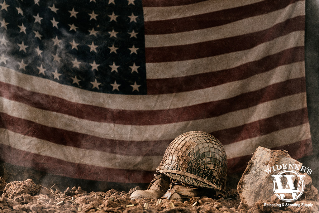 a photo of a wwii military helmet in front of a US flag